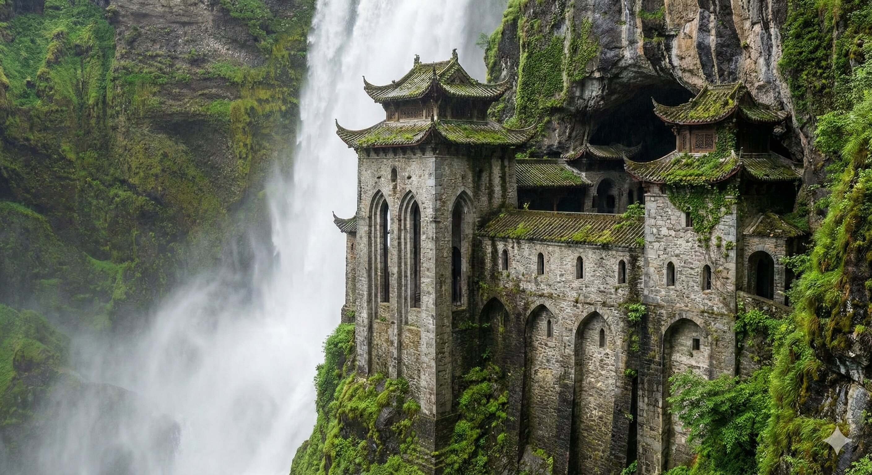 A monastery with pagoda roofs built into a cliff next to a waterfall
