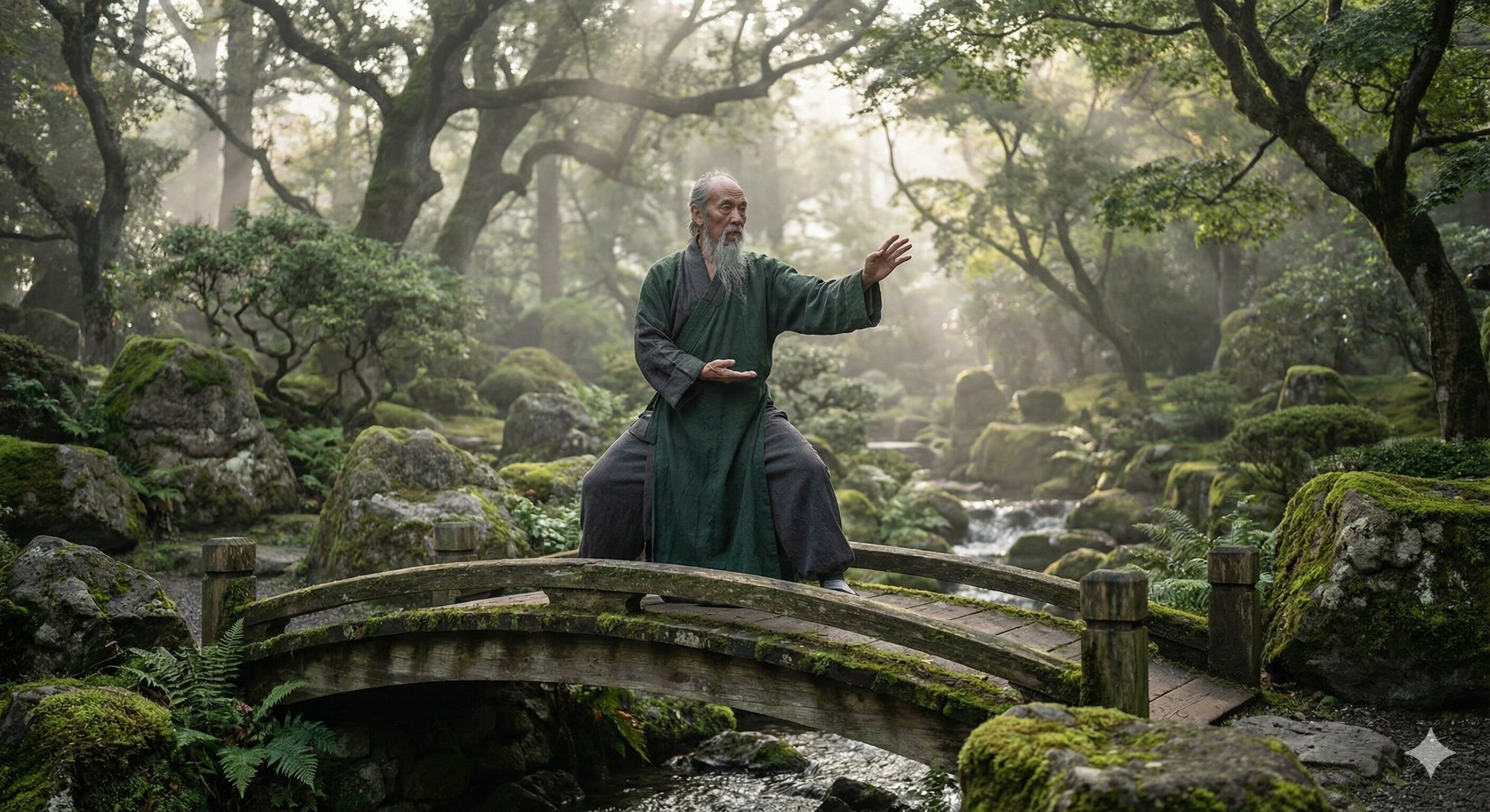 An elderly monk practicing martial arts on a mossy wooden bridge